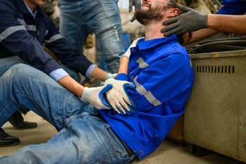 Industrial Accident. worker with accident from machine factory - obrazy, fototapety, plakaty