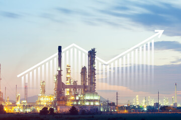 Fototapeta na wymiar Oil gas refinery or petrochemical plant. Include arrow, graph or bar chart. Increase trend or growth of production, market price, demand, supply. Concept of business, industry, fuel, power energy. 