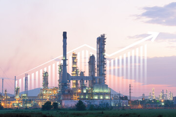 Oil gas refinery or petrochemical plant. Include arrow, graph or bar chart. Increase trend or growth of production, market price, demand, supply. Concept of business, industry, fuel, power energy.
