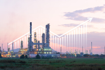 Oil gas refinery or petrochemical plant. Include arrow, graph or bar chart. Increase trend or growth of production, market price, demand, supply. Concept of business, industry, fuel, power energy.
