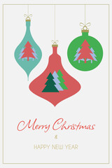 Christmas card with Christmas decorations in a minimalist style with seasonal wishes in a modern style. Template for postcards, invitations, congratulations, web, social networks, print..