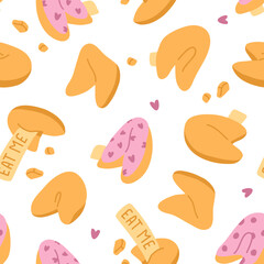 Vector seamless pattern illustration of cute doodle asian food fortune cookies