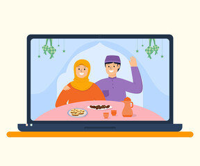 Happy adult Muslim character video call conference celebrating Eid Mubarak in laptop concept vector stock design