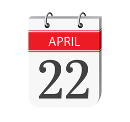 22 april calendar page vector. 3d one day calendar date appointment, event reminder illustration. Abstract three dimensional daily date calendar.
