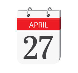 27 april calendar page vector. 3d one day calendar date appointment, event reminder illustration. Abstract three dimensional daily date calendar.
