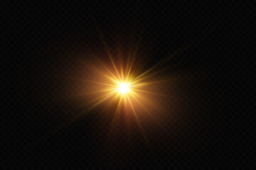 Light effect. Golden bright star, yellow sun. Starlight.