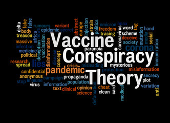 Word Cloud with VACCINE CONSPIRACY THEORY concept, isolated on a black background