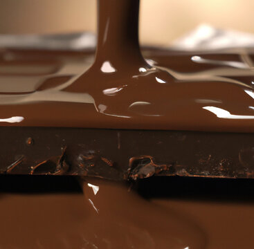 Image of close up of melting chocolate bar on light brown background created using Generative AI technology