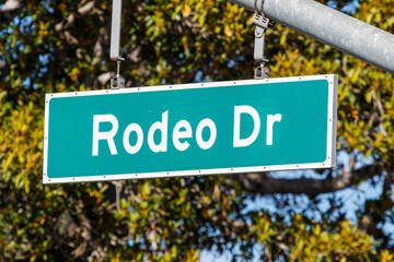 Rodeo Dr Drive road sign in Beverly Hills, Los Angeles United States