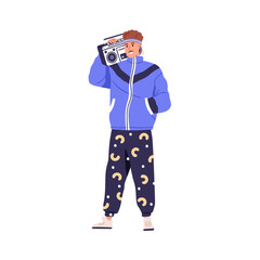 Man in 80s fashion clothes, holding retro boombox on shoulder. Happy person wearing 1980s apparel, listening to disco music of eighties 80's. Flat vector illustration isolated on white background