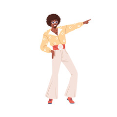 Fashion black man dancing at 80s retro discotheque. African dancer at 1980s disco party. Funky character in eighties style outfit, sunglasses. Flat vector illustration isolated on white background
