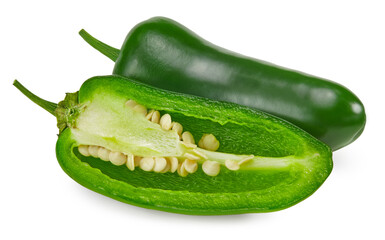 sliced jalapeno peppers isolated on white background. Green chili pepper. Capsicum annuum. clipping path