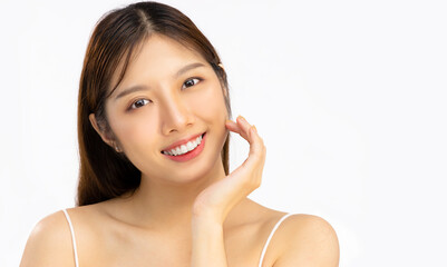 Beauty asian woman portrait closeup smiling face with clean skin white background.