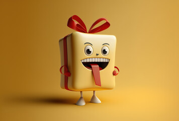 Fototapeta premium Character mascot with a white tooth and a present box with a red ribbon on a yellow backdrop. Generative AI