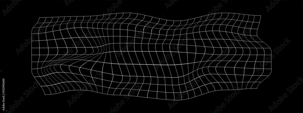 Wall mural distorted whiye horizontal grid on black background. warped mesh texture. curvatured net. checkered 