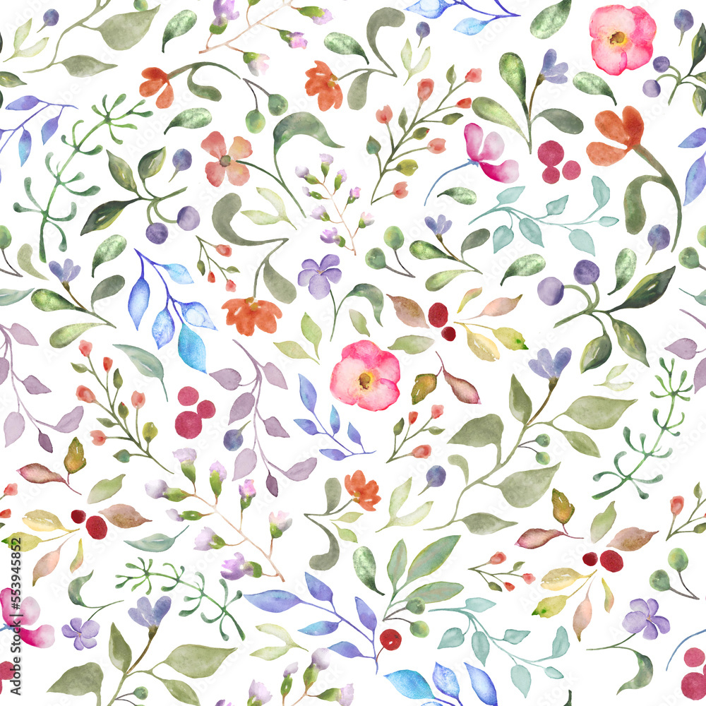 Wall mural Watercolor seamless pattern with abstract  flowers, leaves, branches, berries. Hand drawn floral illustration isolated on white background. For packaging, wrapping design or print.