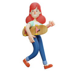  3D illustration. Illustration of 3D Cute Girl character having a skateboard. walk with enthusiasm. showing a toothy smile. 3D Cartoon Character