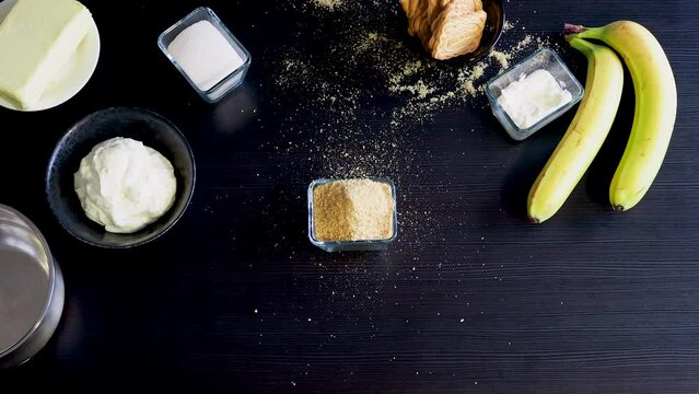Cooking Banoffi cake at home in the kitchen, pastry recipe.
