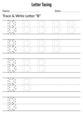 Alphabet letter tracing worksheet. writing a-z exercise. Letter Tracing B Worksheet. Activity for preschoolers and kindergarten kids. Tracing page. Practice sheet. English Alphabet training for kids. 