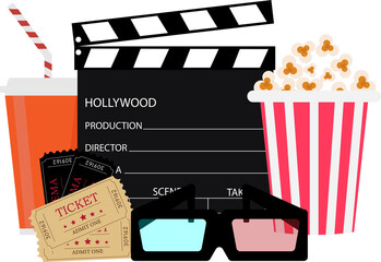 Vector illustration on the theme of the cinema. Ticket, popcorn, soda, glasses.
