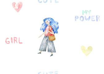 cute seamless pattern, femen illustraion, cute watercolor illustration