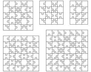 Illustration of five different white puzzles, separate pieces	