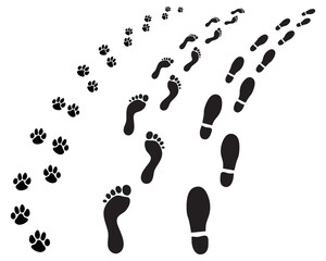 Footprints of man and dog, turning right or left, illustration on a white background	