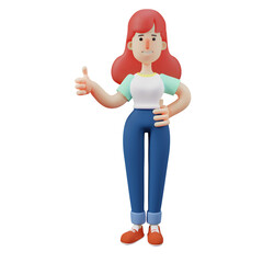 3D illustration. 3D Illustration of Cool Cute Girl character showing her thumbs up. with hands on your waist. showing a sweet smile. 3D Cartoon Character