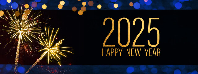 2025 Happy New Year holiday Greeting Card banner panorama - Golden year and text, firework fireworks pyrotechnics in the dark night