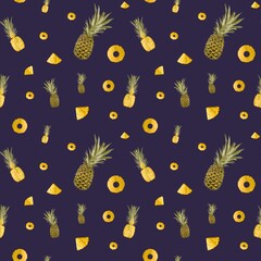 Pineapple yellow fruit violet pattern a watercolor