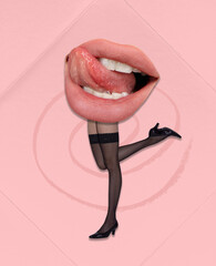 Contemporary art collage. Creative design. Slim female legs with passionate female mouth, lips over pink background