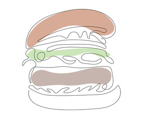 hamburger,cheeseburger drawn with a monoline, one line art, contour. fast food logo