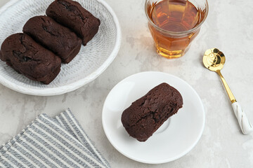 Kue Balok Cokelat or Cake with melted chocolate filling, popular  food from West Java, Indonesia
