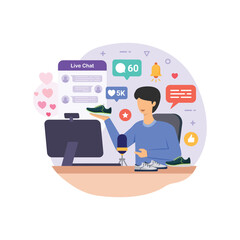Selling product on live stream. Men review or selling her product through live streaming. influencer marketing and live streaming e-commerce concept vector illustration