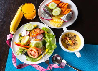 Healthy food as life balance of workout on the table background