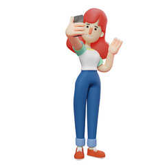 3D illustration. 3D Cute Girl Cartoon Design has a mobile phone. with a selfie style pose. with beautiful thick hair. 3D Cartoon Character