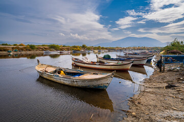 Fototapeta na wymiar Sercin Village fishing boats near Bafa Lake in Turkey