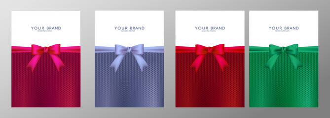 Holiday cover design set. Elegant geometric pattern Christmas background with red, green, magenta, silver ribbon. Luxury vector collection template for invitation, greeting banner, premium gift card