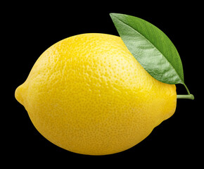 Yellow ripe lemon with leaf, isolated on black background