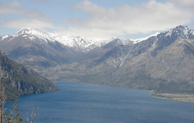 Panoramic view of Lake Epuyen with mountains of the Andes in the background