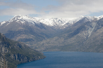 snowy mountains and lake, typical landscape of argentinian patagonia