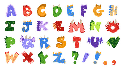 Dragon or dino alphabet. Set of cute hand drawn letters in bright colors with texture dragon effects. Children Vector illustration for cards, posters, birthday party events,  kids and nursery design