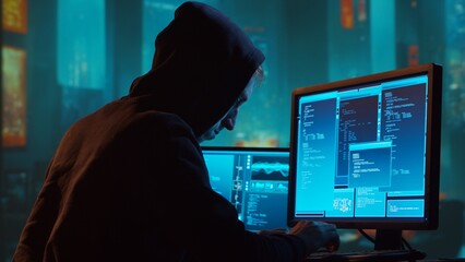 Computer Hacker in Hoodie. Obscured Dark Face. Concept of Hacker Attack, Virus Infected Software, Dark Web and Cyber Security.