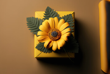 top view with text space of a yellow flower and a decoratively packaged gift. Generative AI