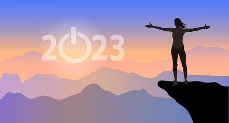 A young woman silhouette against sunset with arms up looking at 2023 start  in sky feeling free and happy. Freedom, and joy concept
