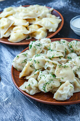 Traditional russian pelmeni or ravioli, dumplings with meat on wood black background. Russian food and russian kitchen concept.