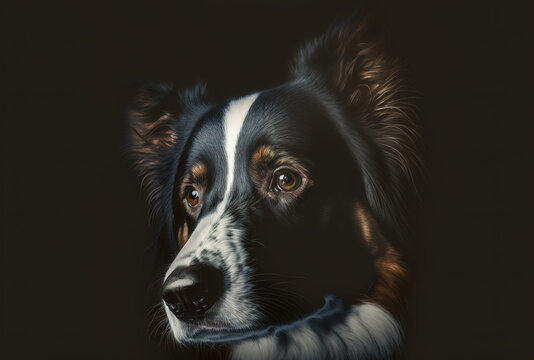 Border collie dog in dark and depressed portrait. Generative AI