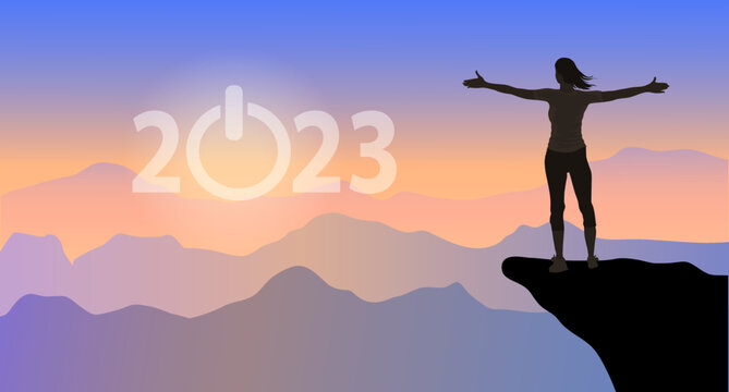 A Young Woman Silhouette Against Sunset With Arms Up Looking At 2023 Start  In Sky Feeling Free And Happy. Freedom, And Joy Concept