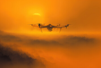 Fototapeta na wymiar In the orange sky at dawn or sunset, a drone is seen soaring through the fog. Generative AI