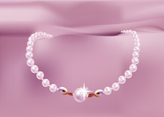 Necklace with pink and white precious pearls on a romantic delicate silk background - 553951653